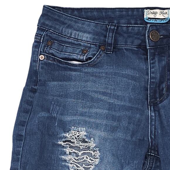 Indigo Rein Jeans Womens 7 Juniors Blue Skinny Distressed Stretch Denim Whiskers - Picture 3 of 13